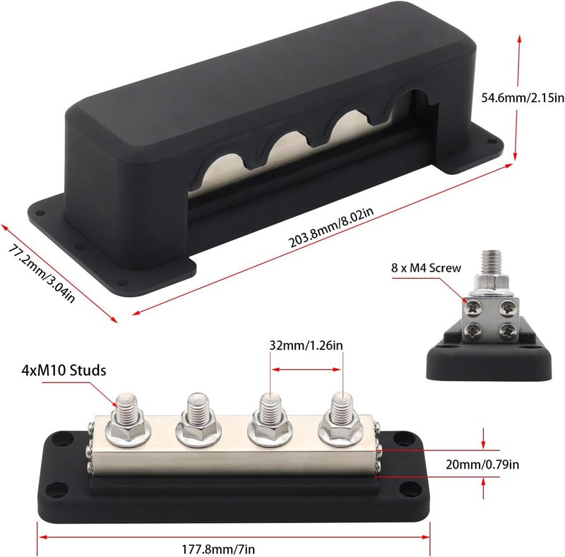 T Tocas 600A 12V-48V DC Heavy Duty 3/8" 4 Stud Bus Bar Power Distribution Block Ground for Automotive Marine Battery Terminals (Black) - Image 5